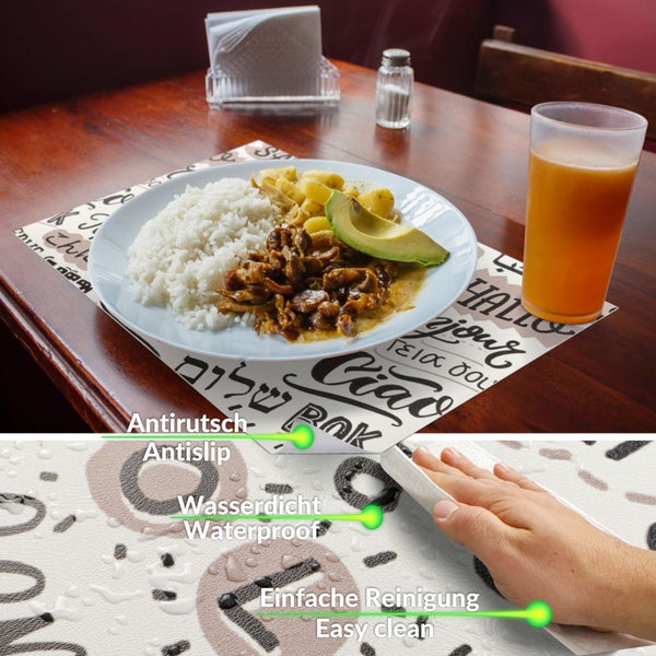 Platzset mit internationalen Grüßen auf einem Holztisch, wasserdichte und rutschfeste Oberfläche, einfach mit einem Tuch zu reinigen.