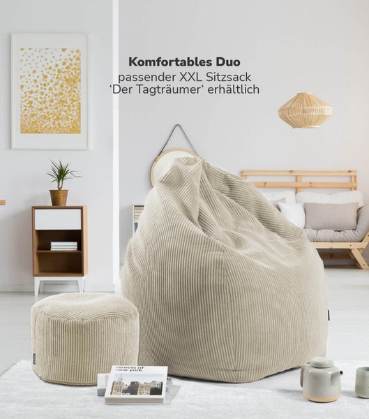 mokebo Pouf oder Sitzhocker aus Cord 'Der Faule Lenz', Fußhocker in Beige mit EPS-Perlen Füllung