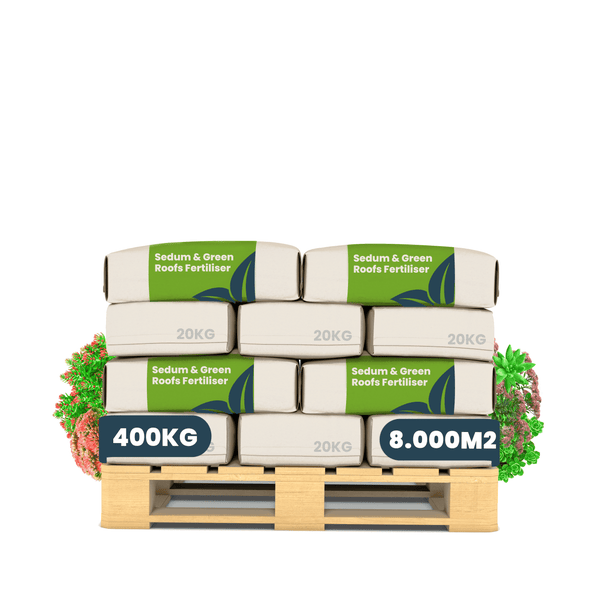 Dünger für Sedum und Gründächer auf Palette, 400 Kilogramm Gesamtgewicht für 8.000 Quadratmeter, 20 Kilogramm Einzelsäcke.