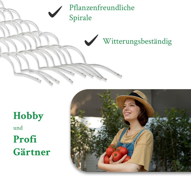 Pflanzenfreundliche, witterungsbeständige Tomatenspiralstäbe aus Metall für Gärtner sowie eine Gärtnerin mit Tomatenernte im Garten.