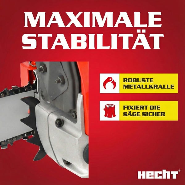 Detailansicht einer Kettensäge mit dem Schriftzug Maximale Stabilität, Symbol für robuste Metallkralle und Symbol für sichere Fixierung der Säge. Hecht Logo.