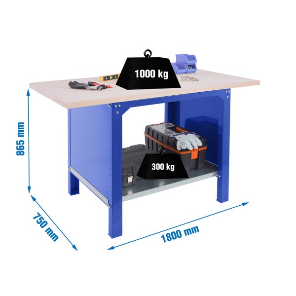 Werkbank BUFFALO WOOD | HxBxT 86,5x180x75cm | Traglast 1000kg | Blau