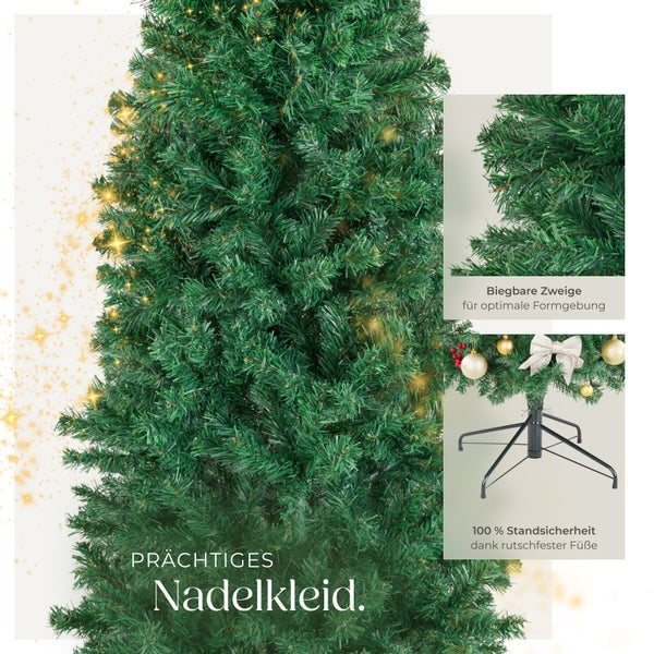 Künstlicher Weihnachtsbaum mit biegsamen Zweigen und stabilem Metallständer für hohe Standsicherheit.