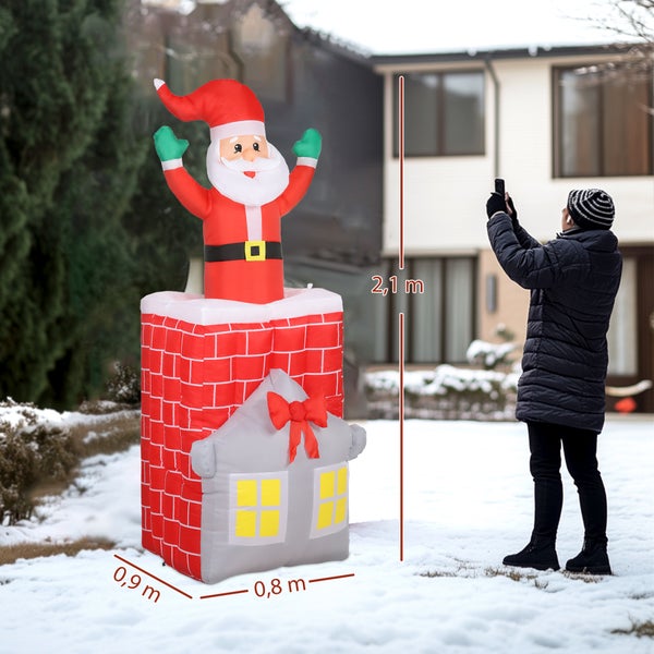 Aufblasbarer Weihnachtsmann im Schornstein mit Haus-Motiv, Höhe 2,1 Meter, Breite 0,8 Meter, Tiefe 0,9 Meter, Weihnachtsdekoration für außen.