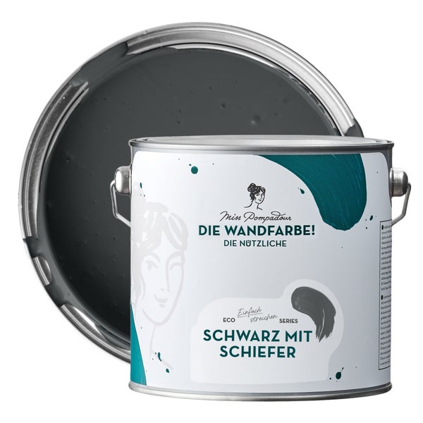 MissPompadour abwaschbare Wandfarbe 2.5L Schwarz mit Schiefer - hohe Deckkraft und Ergiebigkeit - matte, scheuerbeständige Innenfarbe - geruchsarm, wasserbasiert, atmungsaktiv - Die Nützliche