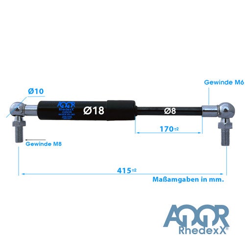 Gasdruckfeder Rhedexx in Millimeter: Gesamtlänge 415, Hub 170, Zylinder 18, Kolbenstange 8, Gewinde M8 und M6, Kugelpfanne 10.