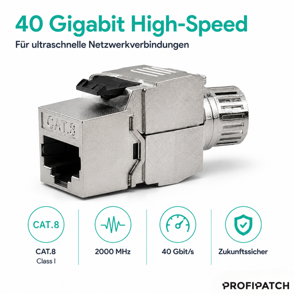 RJ45 Keystone Modul Kategorie 8 für ultraschnelle Netzwerkverbindungen mit 40 Gigabit pro Sekunde und 2000 Megahertz. Profipatch Logo.
