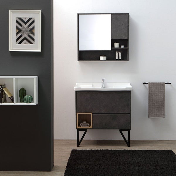 Modernes Badezimmermöbel Set mit Waschtischunterschrank mit zwei Schubladen und Spiegelschrank, wandhängend, in dunkler Betonoptik und Holz.