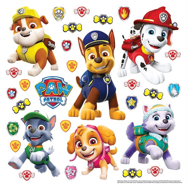 Wandsticker-Set Paw Patrol mit den Charakteren Chase, Marshall, Rubble, Skye, Rocky, Everest und Paw Patrol Logo.