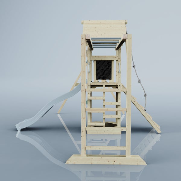 Spielturm aus Holz mit Rutsche, Kletterwand und Strickleiter