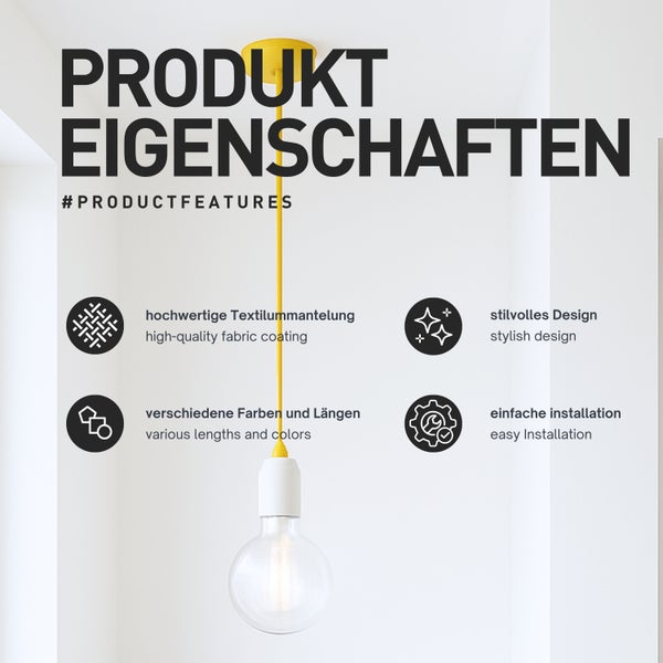 Produktmerkmale: hochwertige Textilummantelung, stilvolles Design, verschiedene Farben und Längen, einfache Installation.