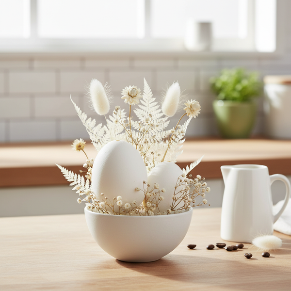 Helle Osterdekoration mit weißen Eiern und Trockenblumen in einer Keramikschale auf einer hölzernen Küchenarbeitsplatte.