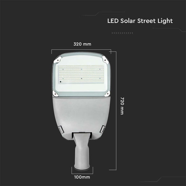 LED Solarstraßenleuchte mit Abmessungen 320 mm x 720 mm x 100 mm.