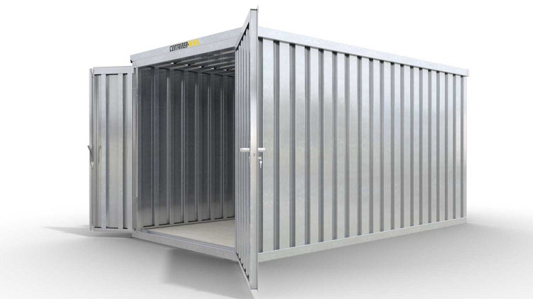 Lagercontainer Gerätehaus XL  – 10 qm, H2150 x B5080 x T2170 mm, verzinkt, mit Holzfußboden, 1830 mm Doppelflügeltür mittig in Stirnseite, zerlegt