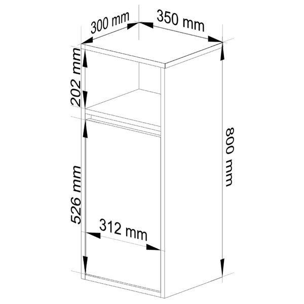 Technische Zeichnung eines Hochschranks mit den Maßen 800 mm Höhe, 350 mm Tiefe und 300 mm Breite.