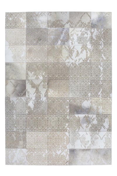 Patchwork-Teppich mit Ornament-Muster in Beige und Grau.