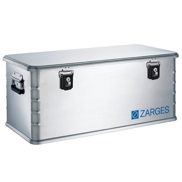Aluminium Transportbox von Zarges mit zwei abschließbaren Schnappverschlüssen und seitlichen Tragegriffen.