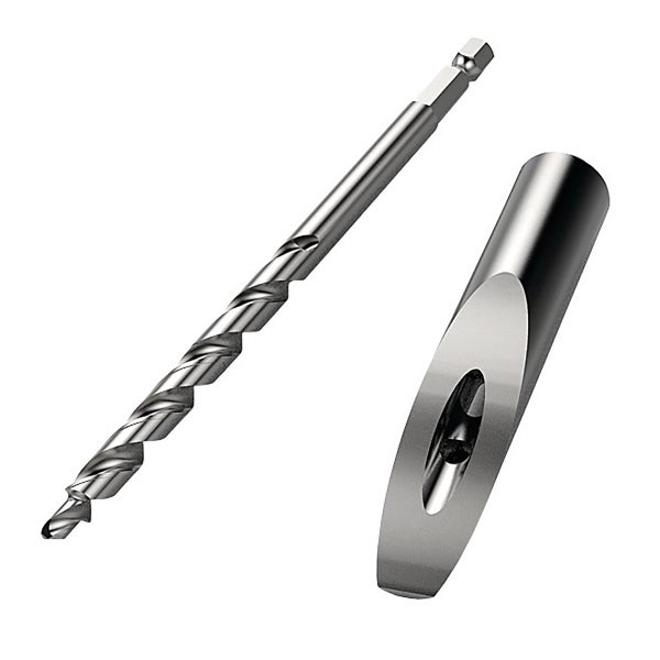 Stufenbohrer für Taschenlochbohrungen mit Sechskantschaft und Bohrführung aus Metall.