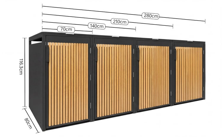 Mülltonnenbox für vier Tonnen aus Metall mit Holzlatten, Breite 280 Zentimeter, Höhe 116.3 Zentimeter, Tiefe 80 Zentimeter.