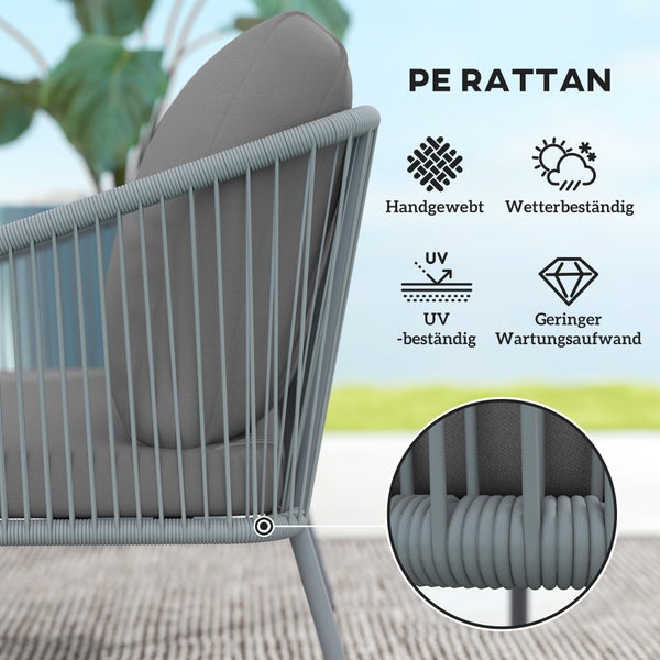 Detailansicht eines handgewebten Gartenstuhls aus PE-Rattan mit Symbolen für Wetterbeständigkeit, UV-Schutz und geringen Wartungsaufwand.