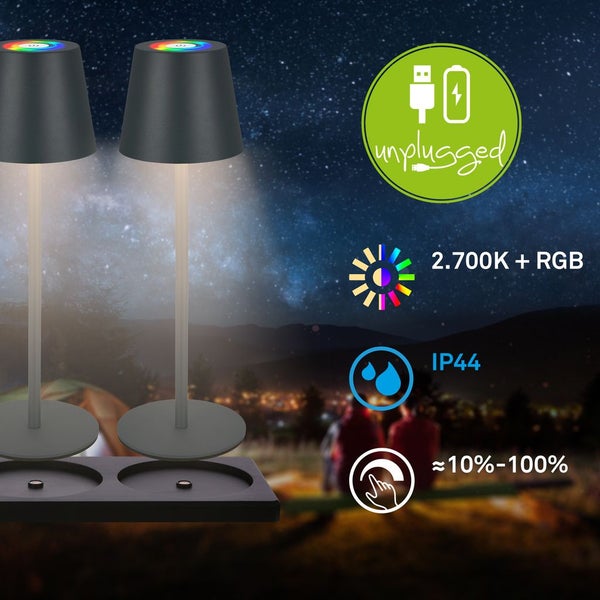 Akku 3er Tischleuchten-Set mit Touch + Ladestation 2,5W 200 lm 2700K + Farbwechsel RGBW H 36 cm Cilano anthrazit
