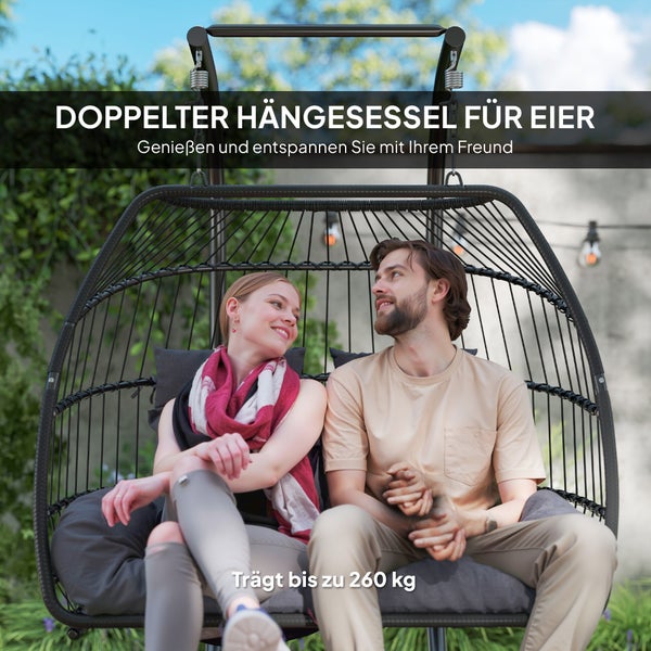 Outsunny Hängesessel mit Gestell faltbar Hängekorb mit Kissen Polyrattan Ergonomisch Hängeschaukel für 2 Personen Outdoor Hängestuhl belastbar bis 260kg Sessel für Balkon Terrasse Dunkelgrau