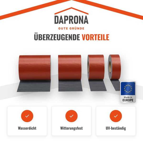 Daprona Dichtungsband in verschiedenen Rollenbreiten als wasserdichte, witterungsfeste und UV-beständige Lösung für Dachabdichtungen.