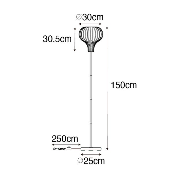 Abmessungen einer Stehlampe: Gesamthöhe 150 cm, Lampenschirmdurchmesser 30 cm, Lampenschirmhöhe 30,5 cm, Fußdurchmesser 25 cm, Kabellänge 250 cm