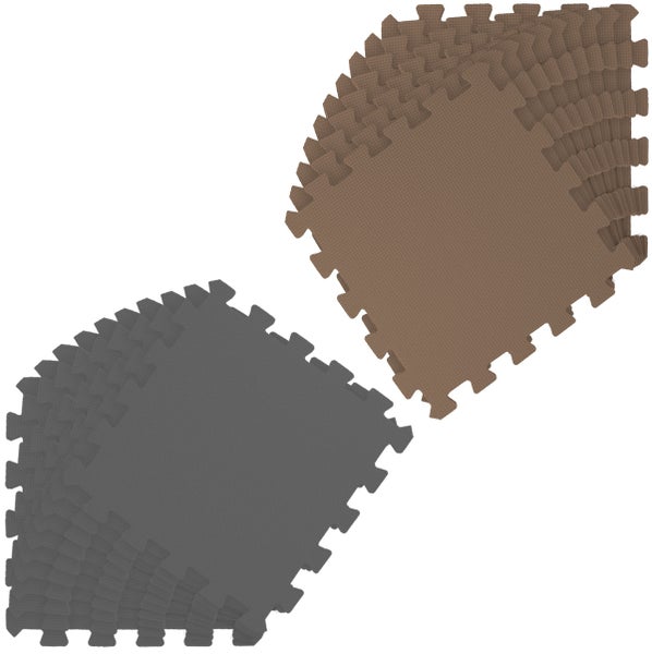 Ineinandergreifende Bodenschutzmatten aus Schaumstoff in Braun und Grau mit Puzzle-System für Fitnessräume oder Werkstätten.