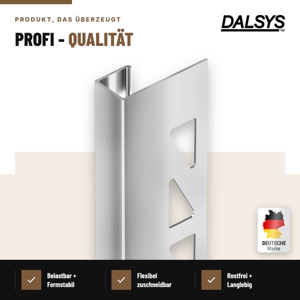 Dalsys Fliesenprofil aus Edelstahl mit Stanzung fuer professionelle Kantenabschluesse, formstabil, rostfrei und langlebig, deutsche Markenqualitaet.