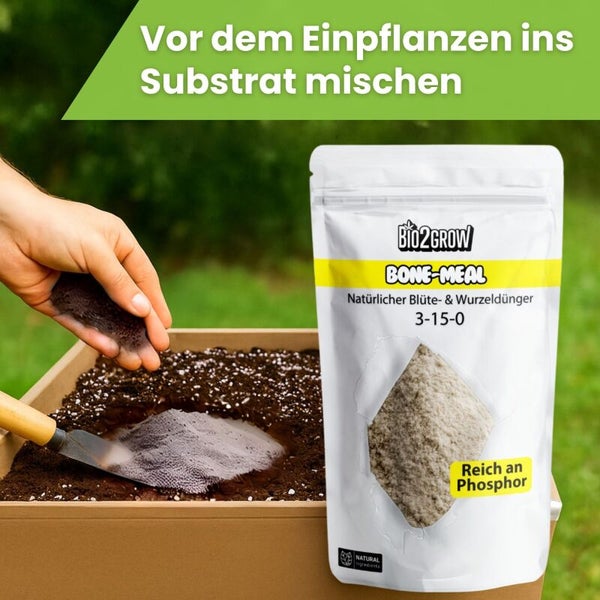 Bio2Grow Knochenmehl Blumendünger zur Vorbereitung des Substrats
