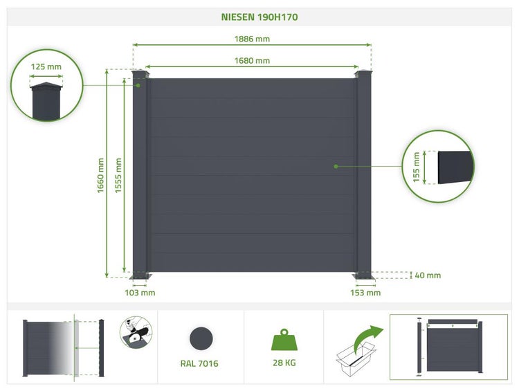 Set mit 10 Aluminiumzäunen NIESEN 190H170 Grau