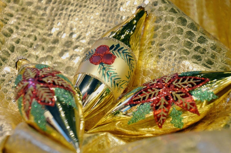Weihnachtsstern & Beeren, 3er Set, Oliven, gold glanz/rot, 15 cm, 3 Stck., Weihnachtsbaumkugeln, Christbaumschmuck, Weihnachtsbaumanhänger