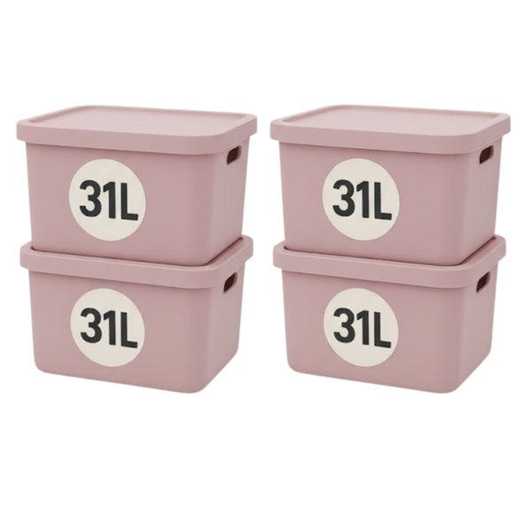 Vier rosa Aufbewahrungsboxen aus Kunststoff mit Deckel, Fassungsvermögen 31 Liter, stapelbar.
