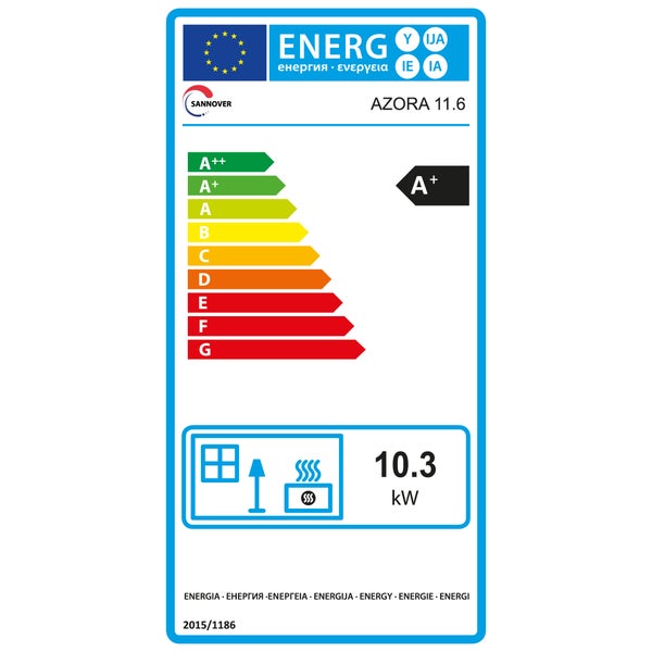 Energielabel der Europäischen Union für Sannover Azora 11.6 mit Energieeffizienzklasse A plus und 10.3 Kilowatt.