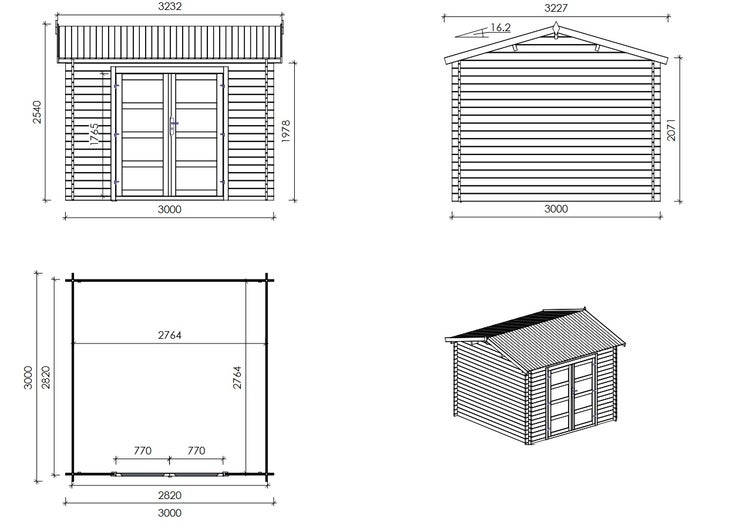 Gartenhaus, Gerätehaus 9m2 - 3x3m - 28mm - Imprägniert