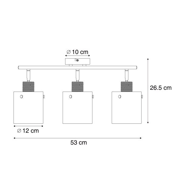 Technische Zeichnung einer Deckenleuchte mit drei Strahlern und Maßangaben.