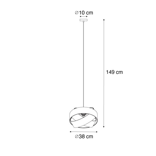 Skizze Pendelleuchte mit Maßen: Höhe 149 Zentimeter, Durchmesser Schirm 38 Zentimeter, Durchmesser Deckenhalterung 10 Zentimeter.