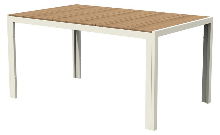 Rechteckiger Gartentisch mit Tischplatte aus Holzlamellen und Metallgestell.