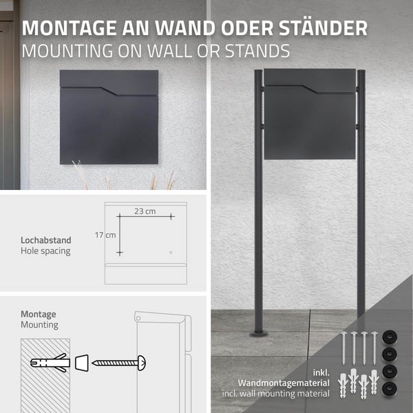 ML-Design Briefkasten Anthrazit Edelstahl pulverbeschichtet, 37x37 cm, Postkasten mit Zeitungsfach, Abschließbar 2 Schlüssel, Moderner Design Wandbriefkasten mit Zeitungsrolle, Mailbox für Wandmontage