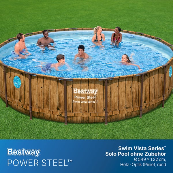 Bestway Power Steel Swim Vista Series II runder Pool, Holz-Optik Pinie, Sichtfenster, Durchmesser 549 mal 122 Zentimeter, Personen im Wasser.