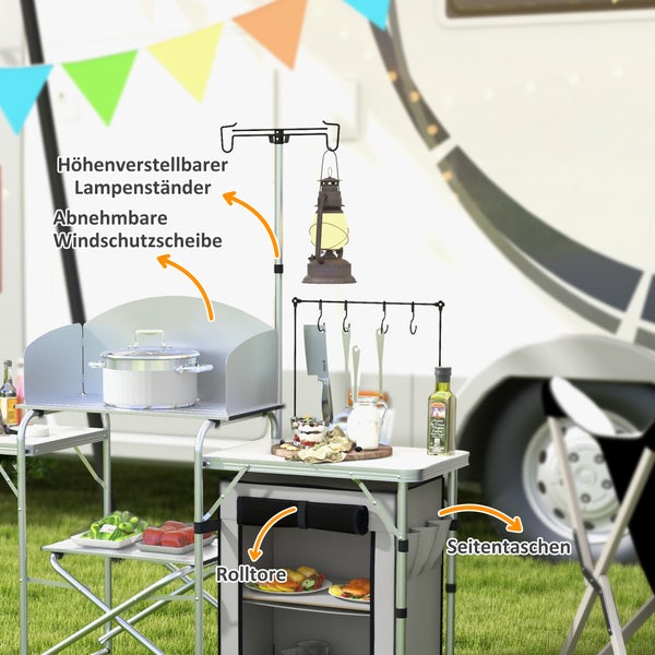 Outsunny Campingküche klappbar, Outdoor Küche mit UV-Schutz, Windschutz, Schränkfach, 3 Arbeitsplatten, Lichtständer, Aluminium, für Camping, Garten, Silber