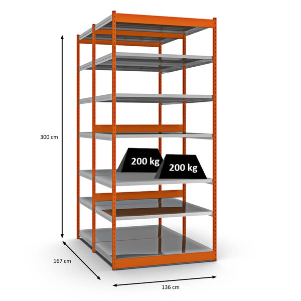PROREGAL Fachbodenregal Stecksystem Vierkant-Profil Grundregal HxBxT 300 x 132,5 x 80 cm 2x7 Ebenen Doppelseitige Bauart Fachlast 200 kg Orange