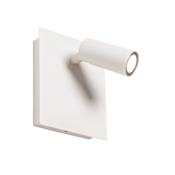 Moderne weiße LED-Wandleuchte mit verstellbarem zylindrischem Strahlerkopf und eckiger Basis.