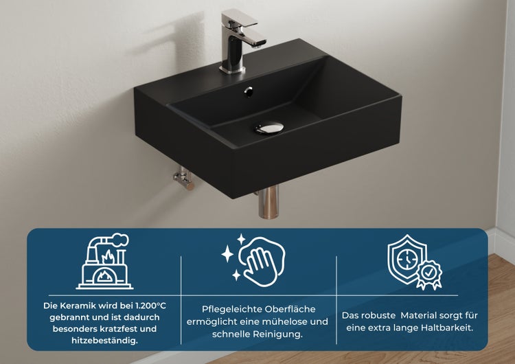Aqua Bagno Loft Waschbecken KS.AN.50 – 50 x 42 cm – Schwarz Matt – Keramikbecken mit Hahnloch & Überlauf