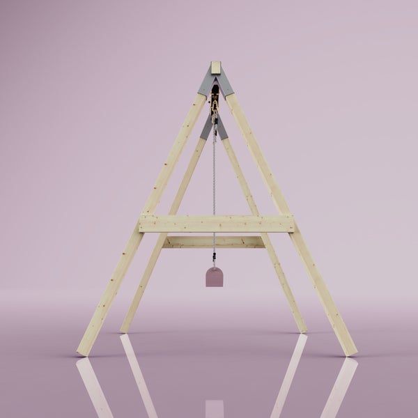 Schaukelgestell aus hellem Holz in A-Form mit stabilen Metallverbindern, einer Kette und einem rosa Sitz.