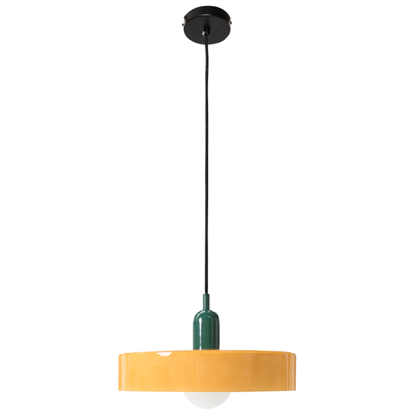 Moderne Pendelleuchte mit flachem gelbem Glasschirm, grünem Sockel und schwarzem Textilkabel.