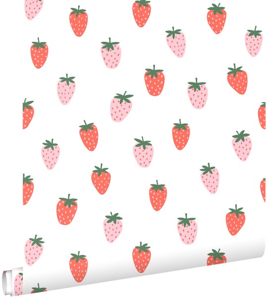 ESTAhome Tapete Erdbeeren Weiß und Rosa - 50 x 900 cm - 131650