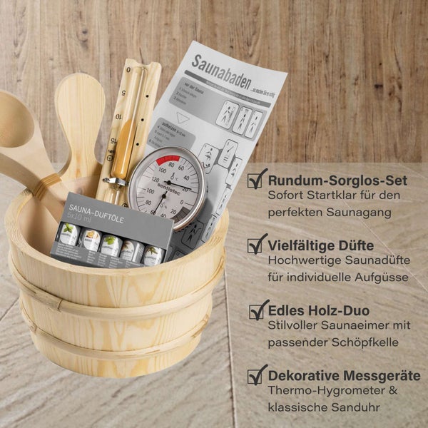Sauna Zubehör Set mit Saunaeimer, Schöpfkelle, Thermo-Hygrometer, Sanduhr und fünf Sauna-Duftölen für den Saunagang.