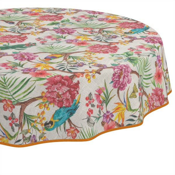 Runde Tischdecke mit tropischem Motiv aus Vögeln, Blumen und Blättern.